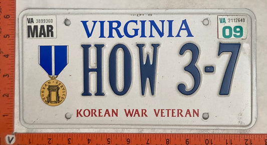 2009 Virginia #HOW 3-7 Korean War Veteran Passenger License Plate