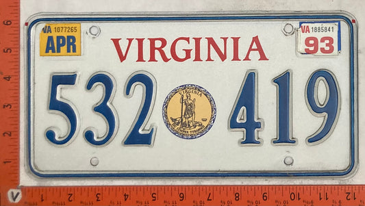 1993 Virginia #532 419 Passenger License Plate