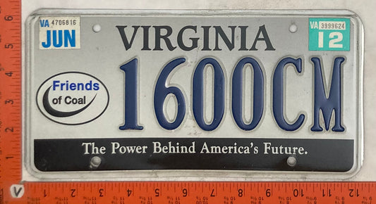 2012 Virginia #1600CM Passenger License Plate