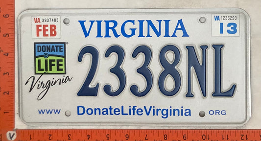 2013 Virginia #2338NL Passenger License Plate