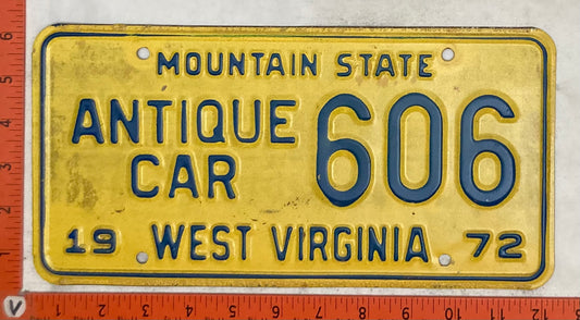 1972 West Virginia #606 Antique Car Passenger License Plate