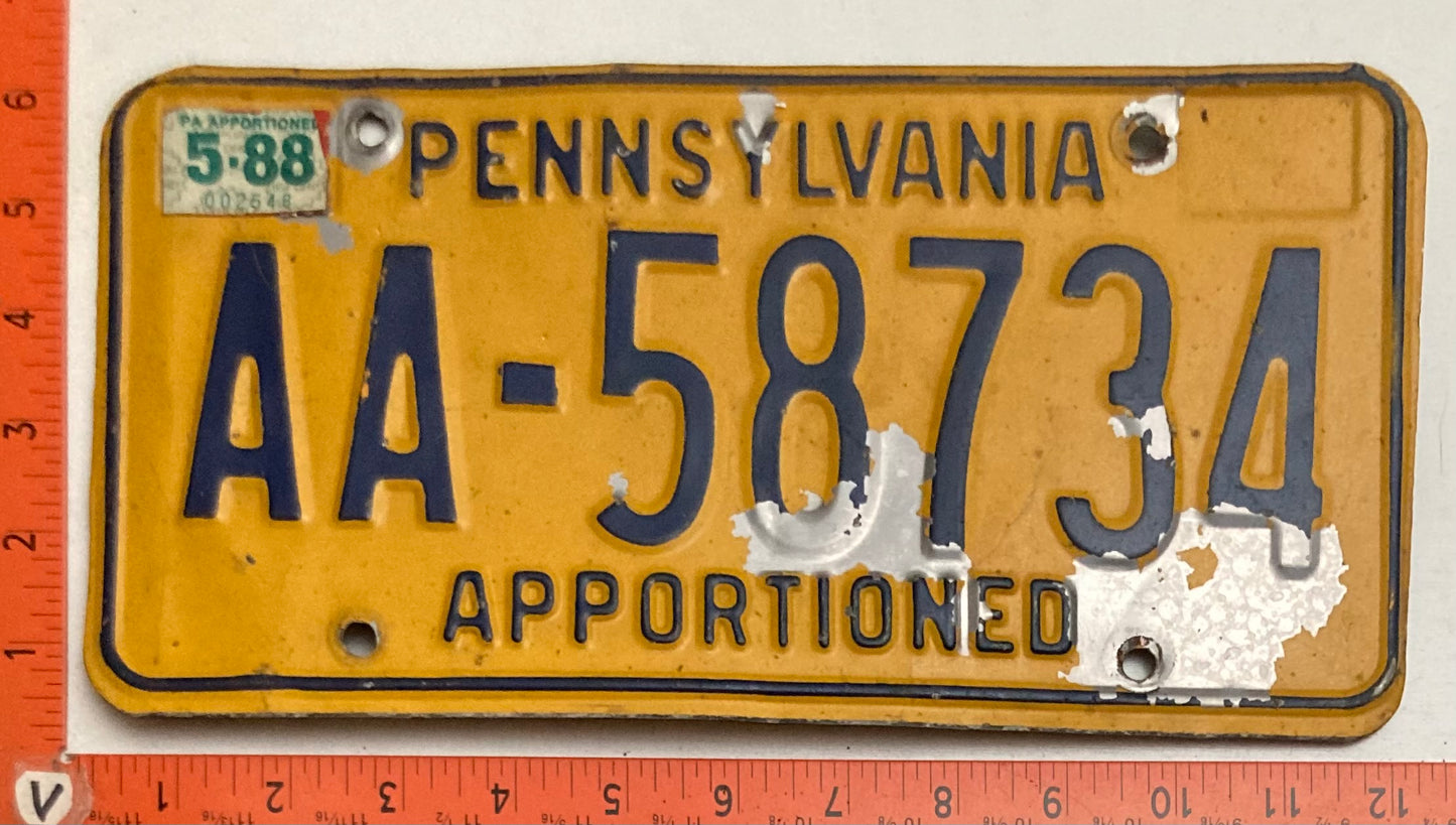 1988 Pennsylvania #AA-5873A Apportioned License Plate