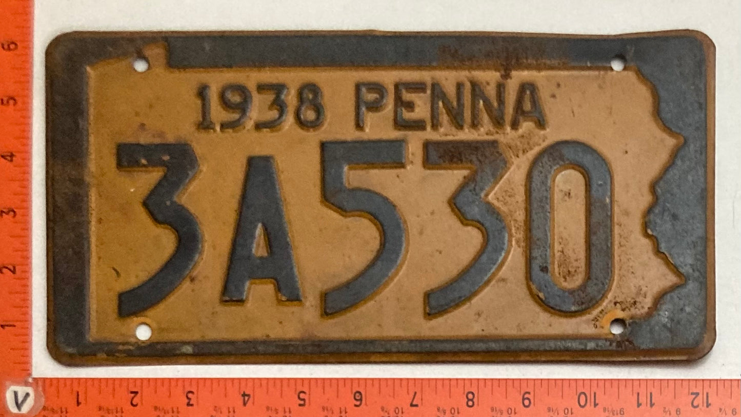 1938 Pennsylvania #3A530 Passenger License Plate