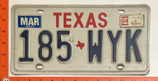 1994 Texas #185 WYK Passenger License Plate