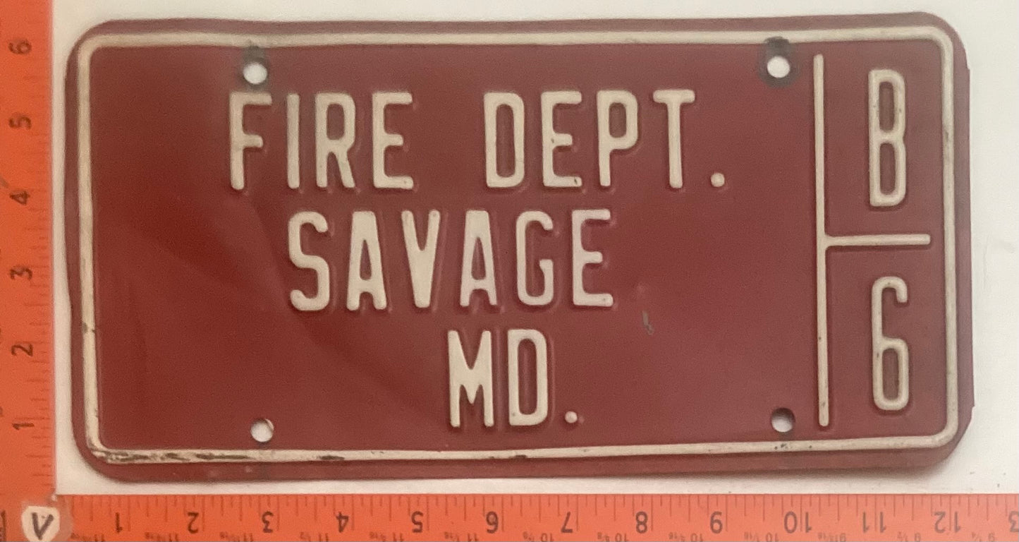 Undated Maryland #B 6 FIRE DEPT SAVAGE, MD License Plate