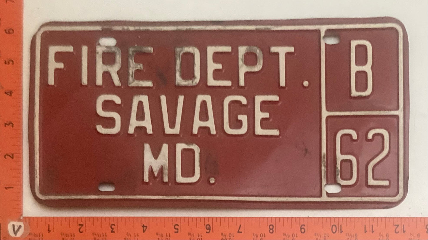 Undated Maryland #B 62 FIRE DEPT SAVAGE, MD License Plate