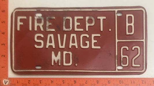 Undated Maryland #B 62 FIRE DEPT SAVAGE, MD License Plate