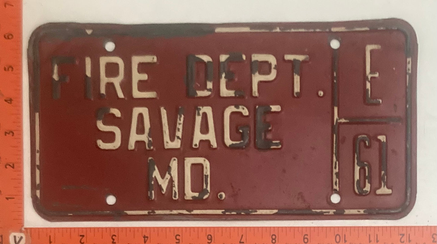 Undated Maryland #E 61 FIRE DEPT SAVAGE, MD License Plate