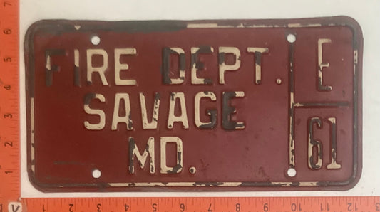 Undated Maryland #E 61 FIRE DEPT SAVAGE, MD License Plate