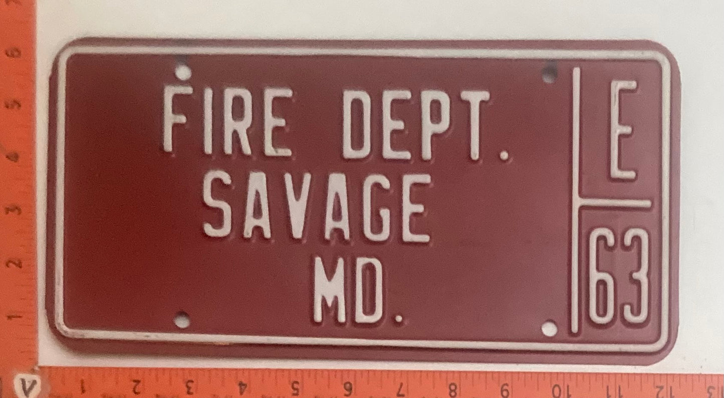 Undated Maryland #E 63 FIRE DEPT SAVAGE, MD License Plate
