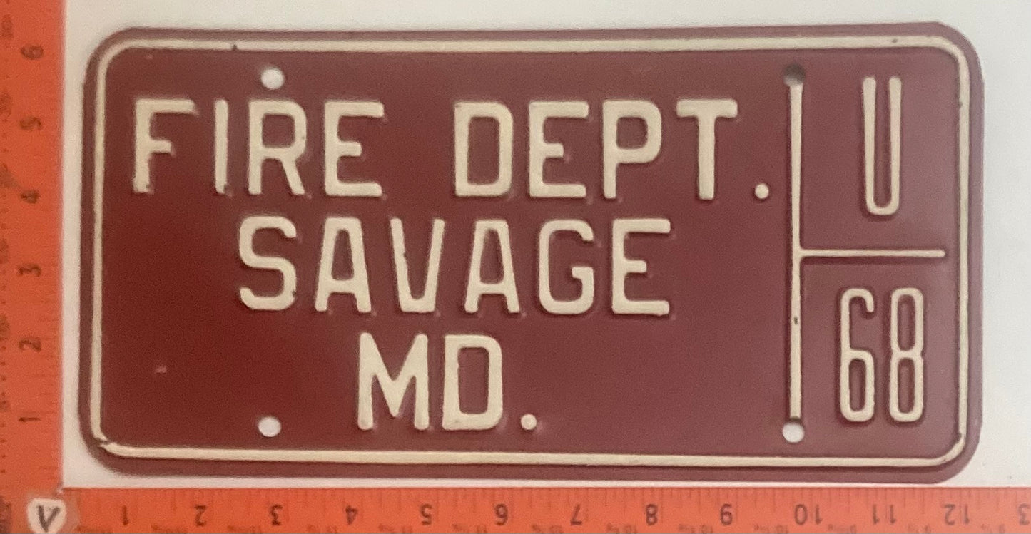 Undated Maryland #U 68 FIRE DEPT SAVAGE, MD License Plate