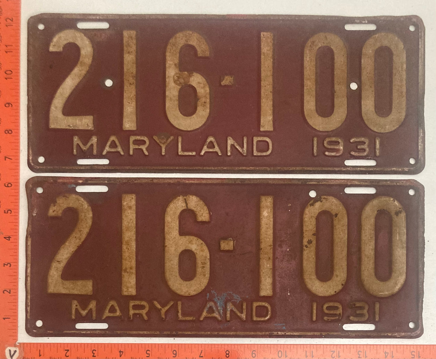 1931 Maryland #216-100 Passenger License Plate PAIR