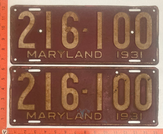 1931 Maryland #216-100 Passenger License Plate PAIR
