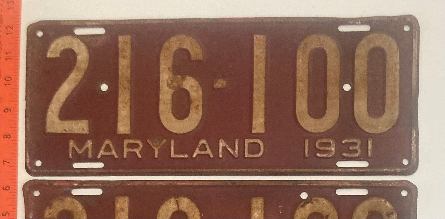 1931 Maryland #216-100 Passenger License Plate PAIR