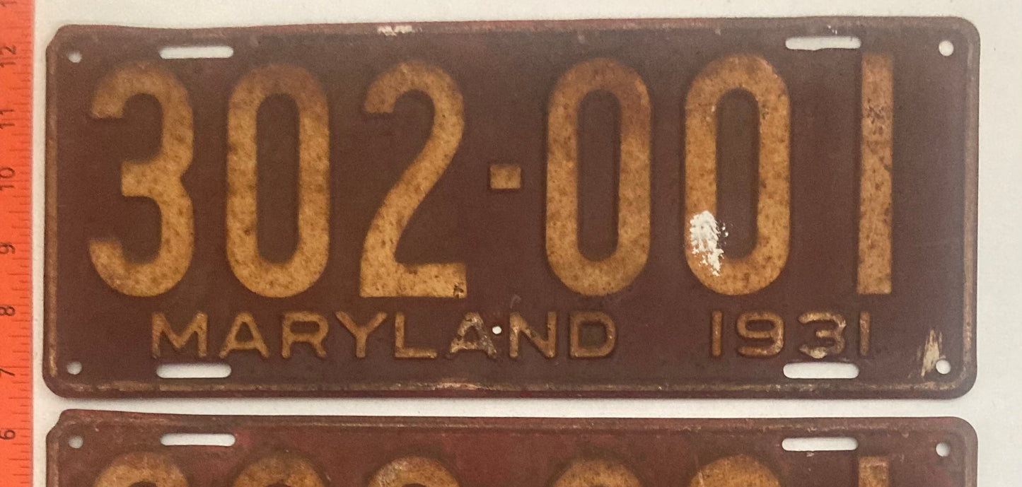 1931 Maryland #302-001 Passenger License Plate PAIR