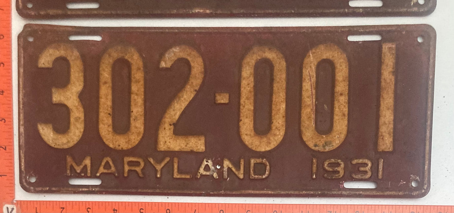 1931 Maryland #302-001 Passenger License Plate PAIR