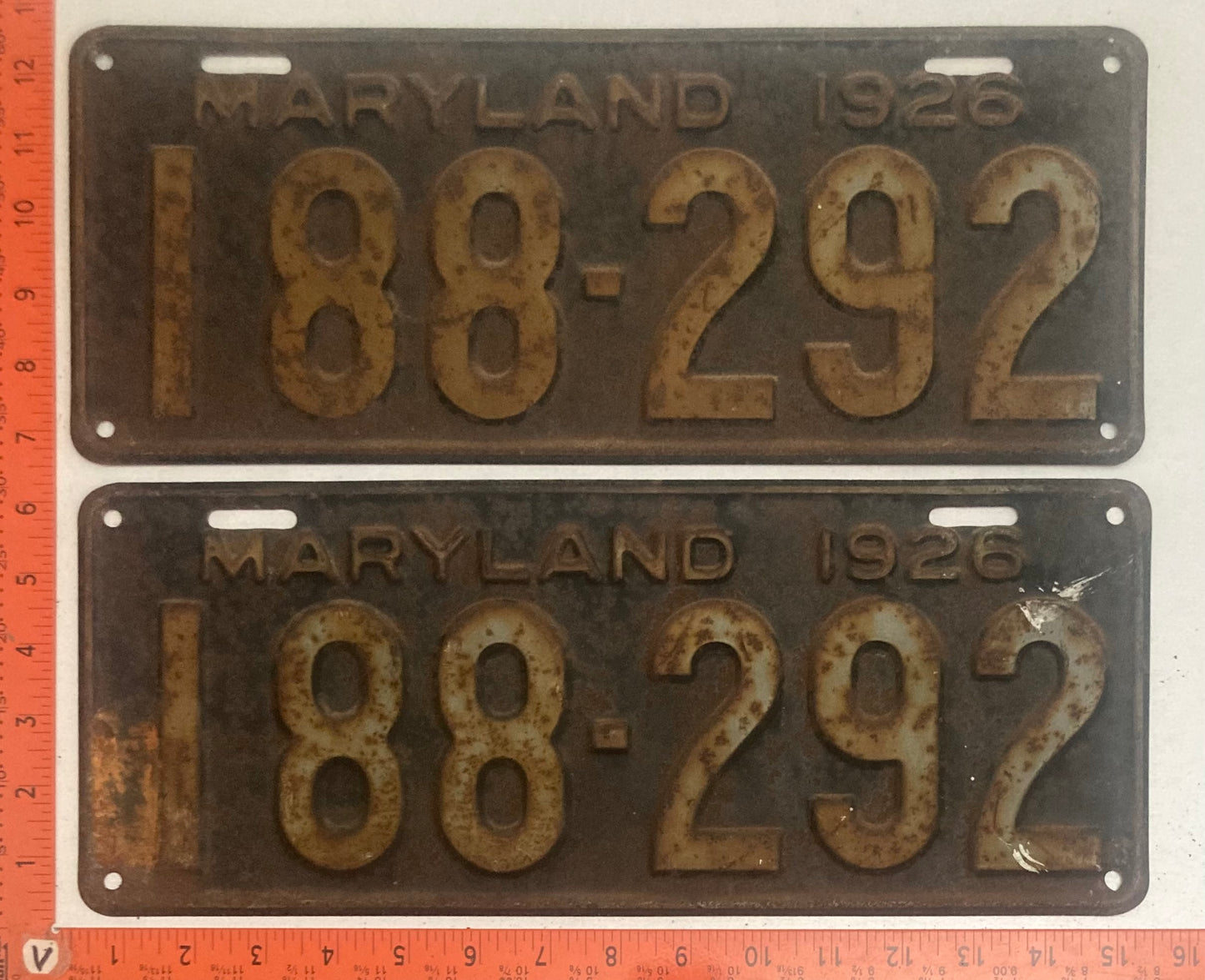 1926 Maryland #188-292 Passenger License Plate PAIR