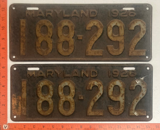 1926 Maryland #188-292 Passenger License Plate PAIR