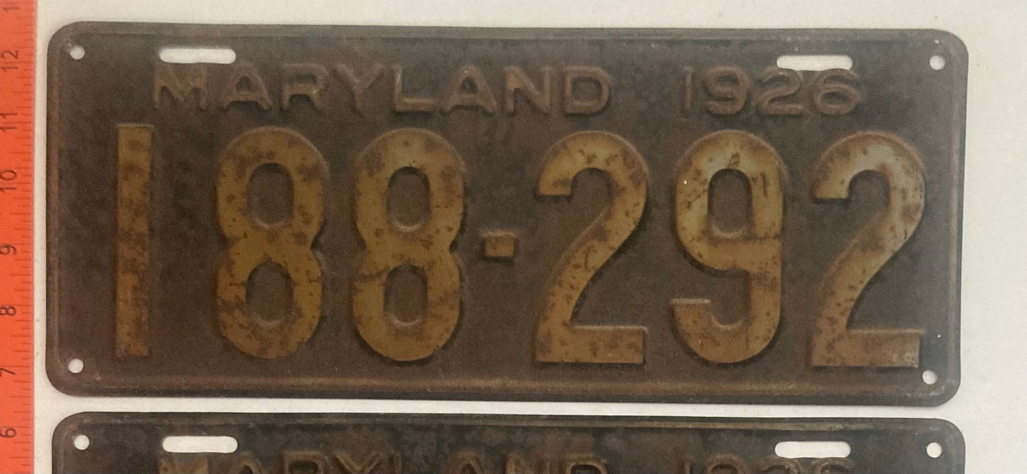 1926 Maryland #188-292 Passenger License Plate PAIR