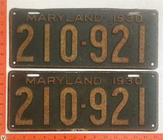 1930 Maryland #210-921 Passenger License Plate PAIR