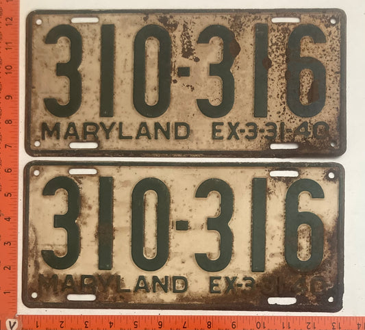 1940 Maryland #310-316 Passenger License Plate PAIR