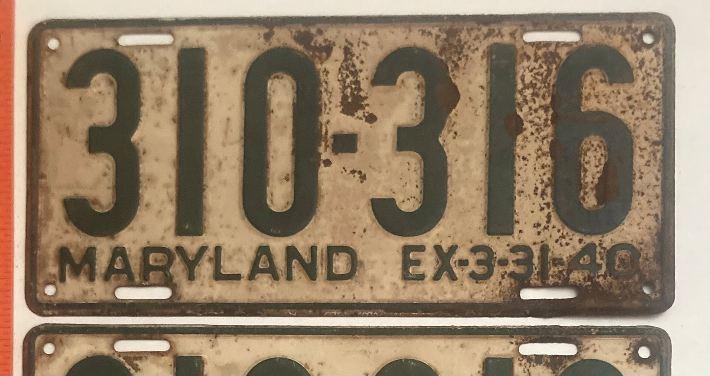 1940 Maryland #310-316 Passenger License Plate PAIR