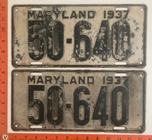 1937 Maryland #50-640 Passenger License Plate PAIR