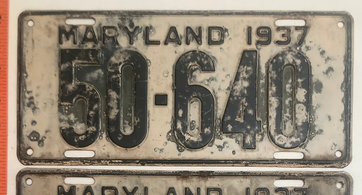 1937 Maryland #50-640 Passenger License Plate PAIR