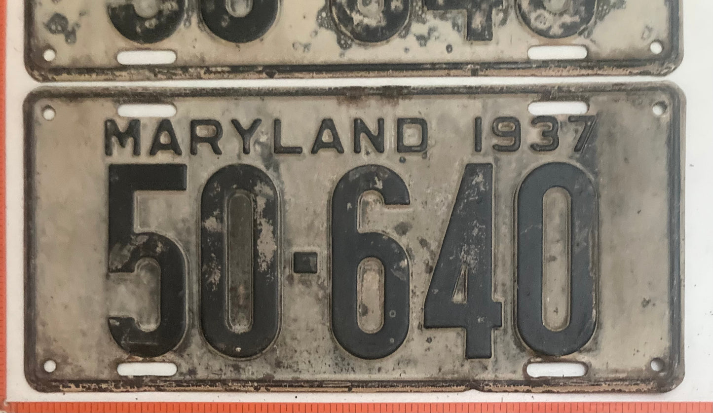 1937 Maryland #50-640 Passenger License Plate PAIR