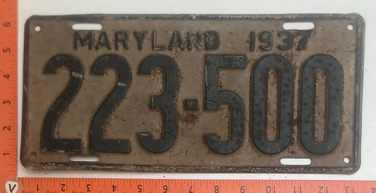 1937 Maryland #223-500 Passenger License Plate
