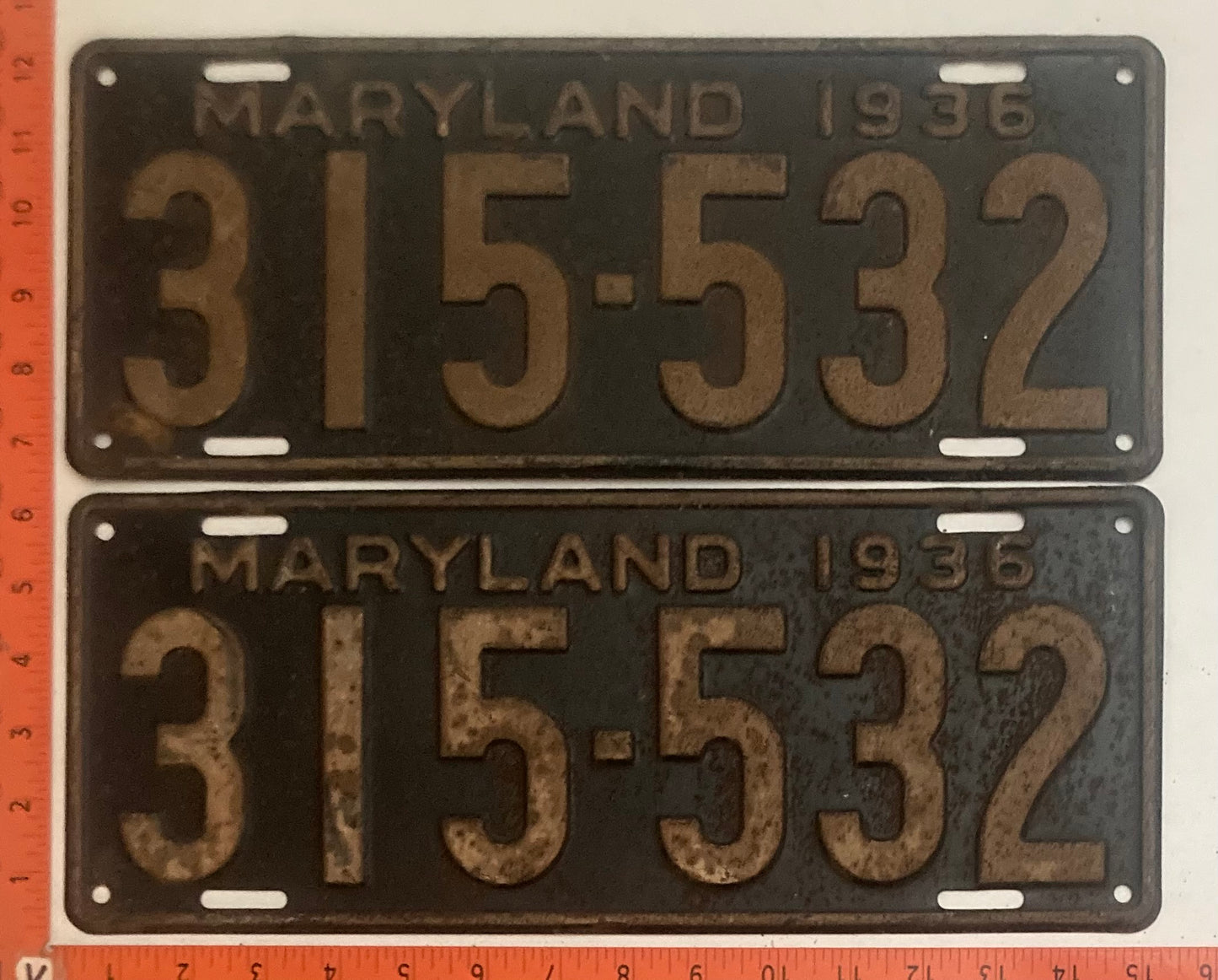 1936 Maryland #315-532 Passenger License Plate PAIR