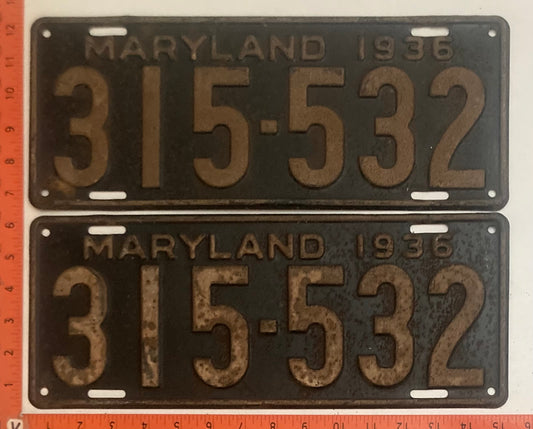 1936 Maryland #315-532 Passenger License Plate PAIR