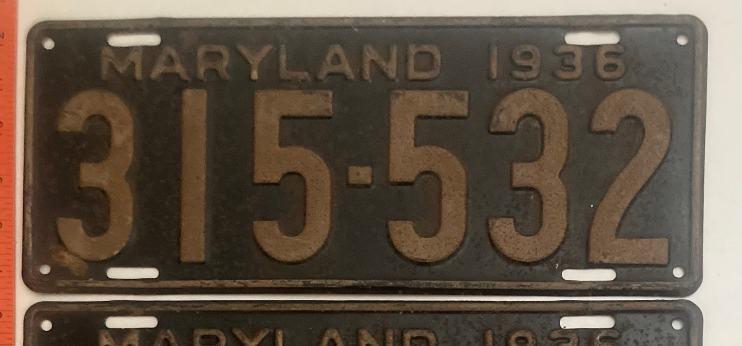 1936 Maryland #315-532 Passenger License Plate PAIR