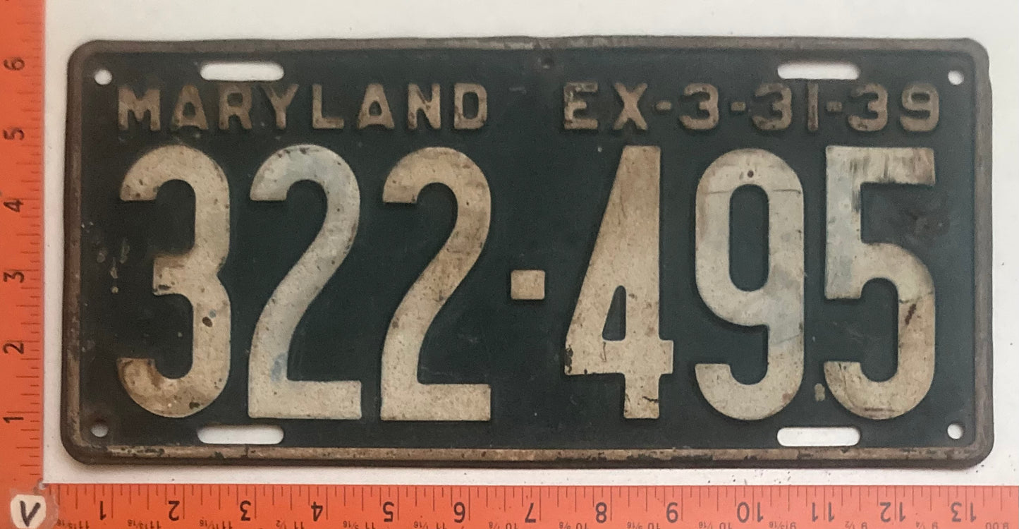 1939 Maryland #322-495 Passenger License Plate