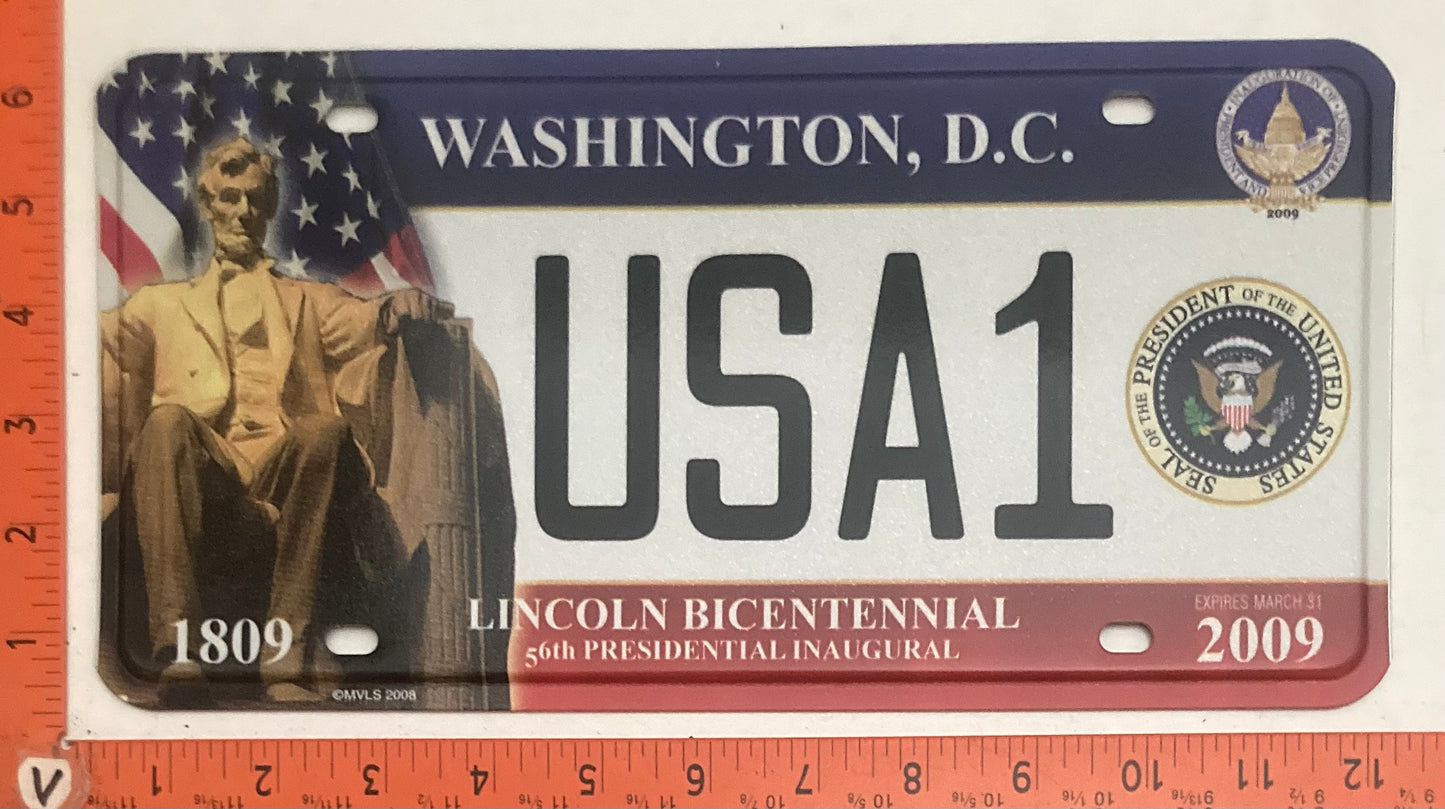 2009 Washington, DC #USA1 Presidential Inaugural Passenger License Plate