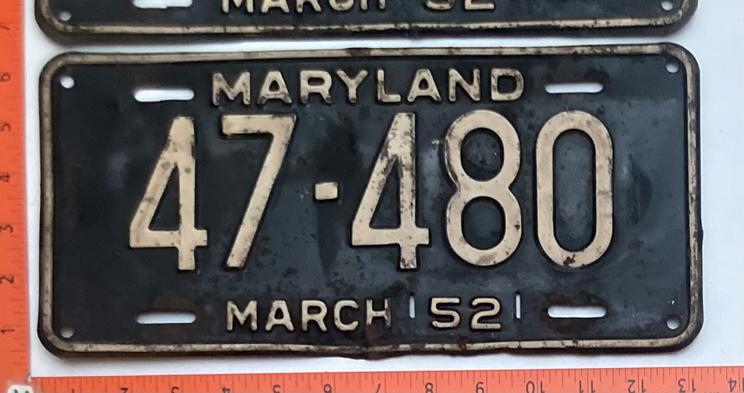 1952 Maryland #47-480 Passenger License Plate PAIR