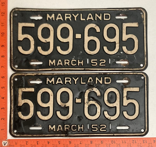 1952 Maryland #599-695 Passenger License Plate PAIR