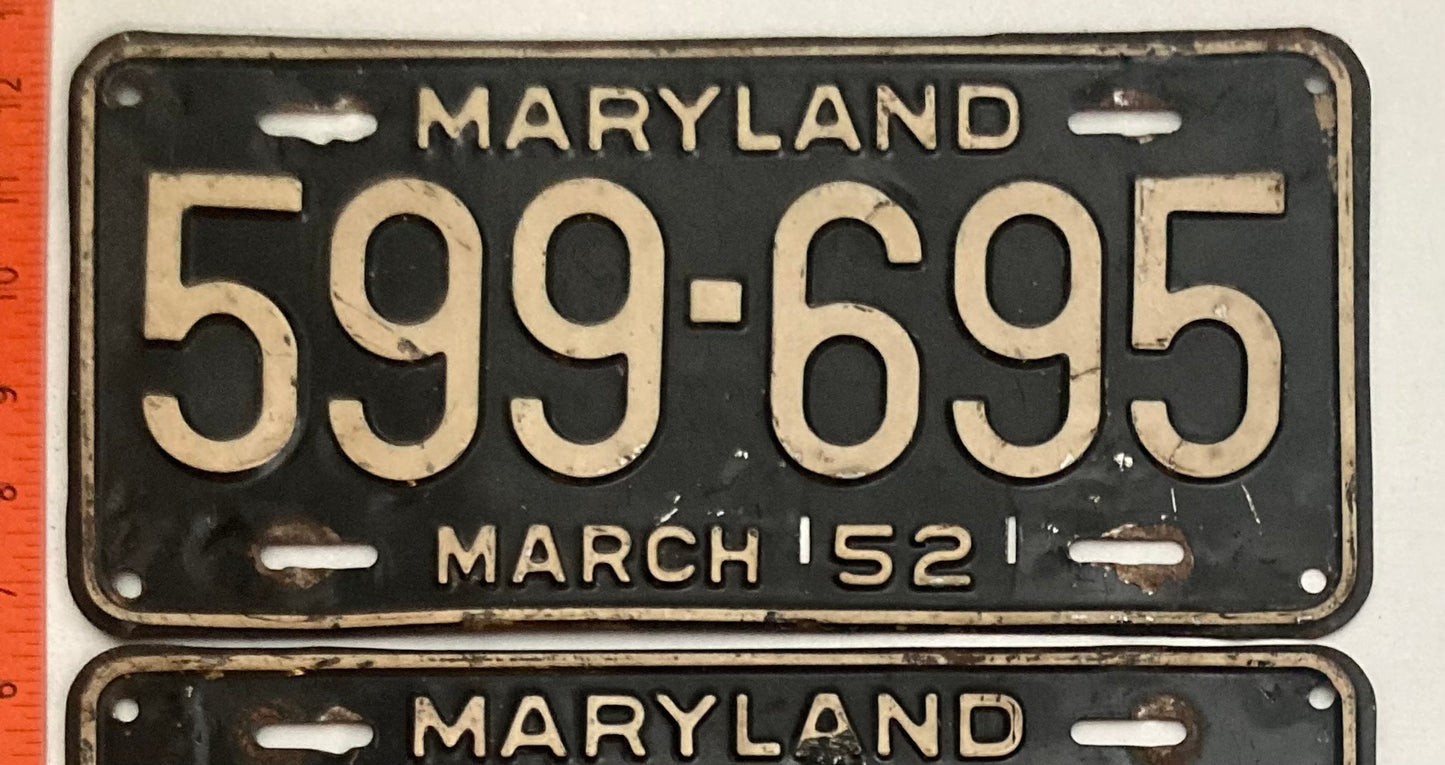 1952 Maryland #599-695 Passenger License Plate PAIR