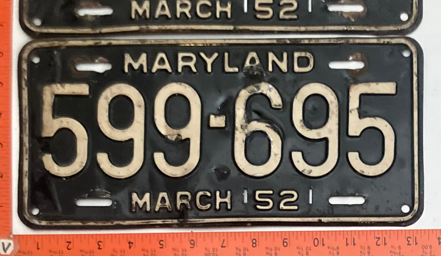 1952 Maryland #599-695 Passenger License Plate PAIR