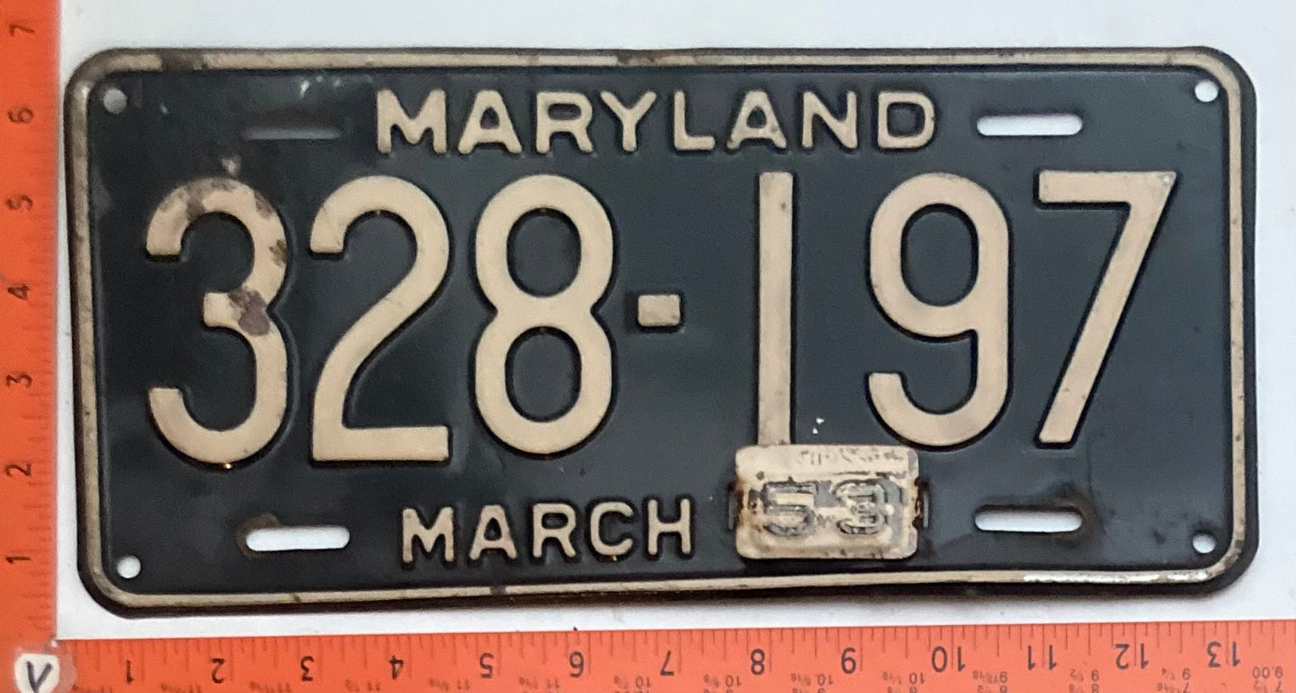 1953 Maryland #328-197 Passenger License Plate