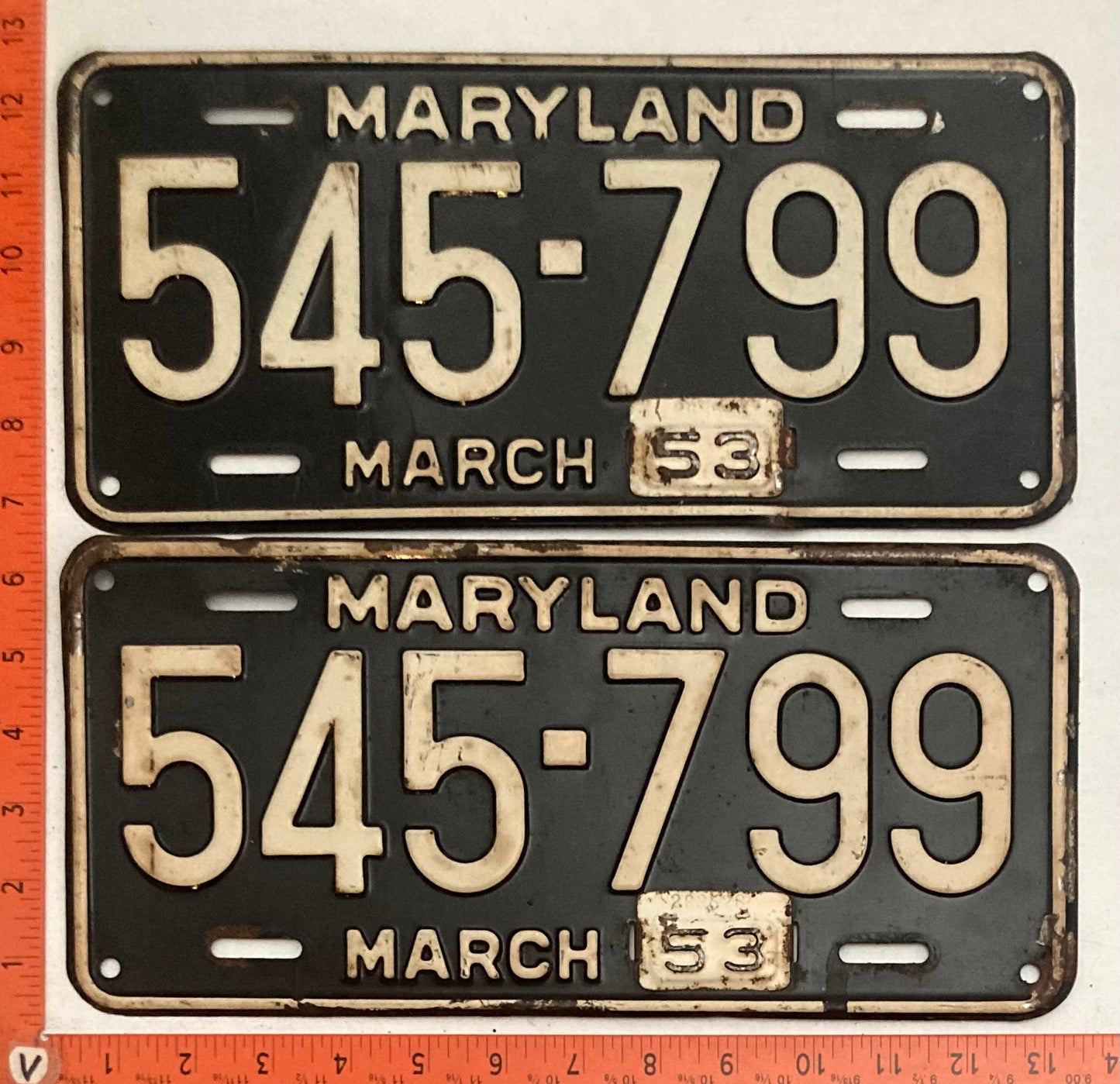 1953 Maryland #545-799 Passenger License Plate PAIR
