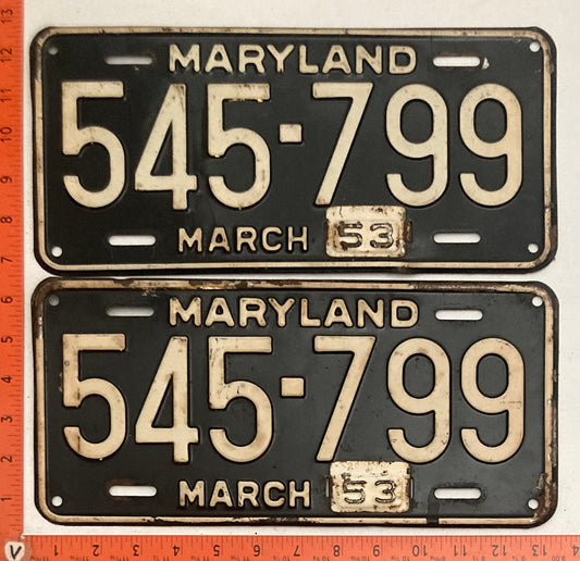 1953 Maryland #545-799 Passenger License Plate PAIR