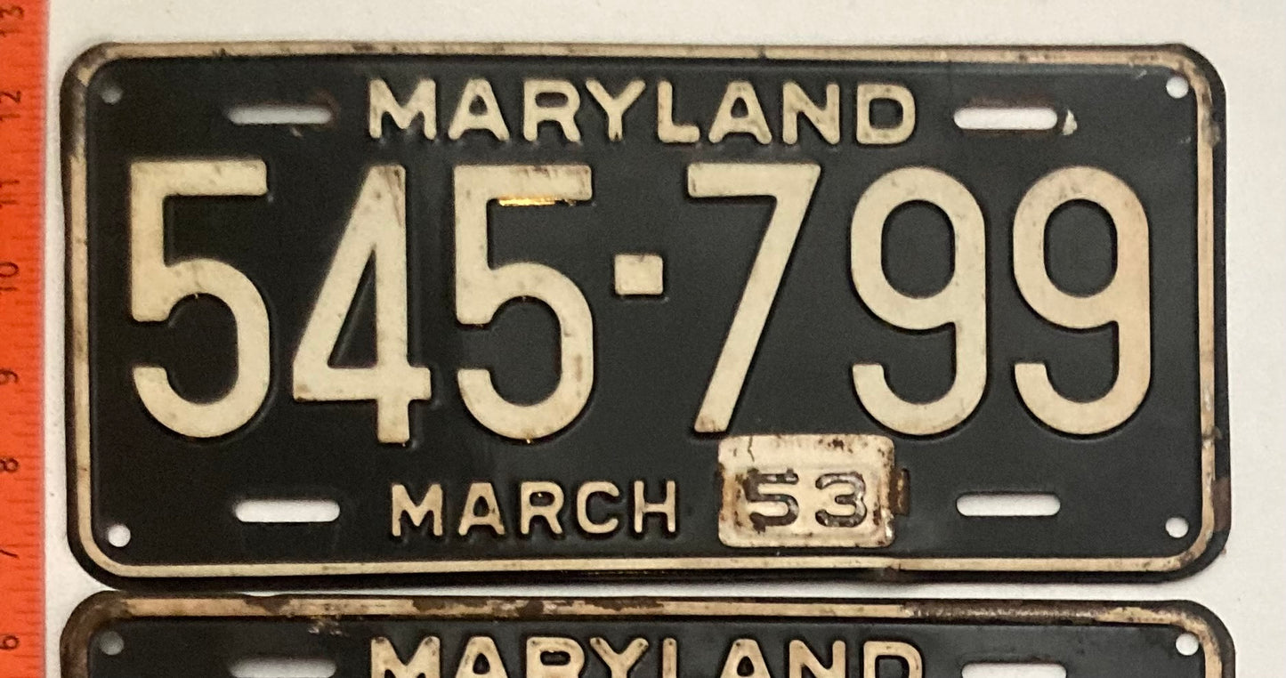 1953 Maryland #545-799 Passenger License Plate PAIR