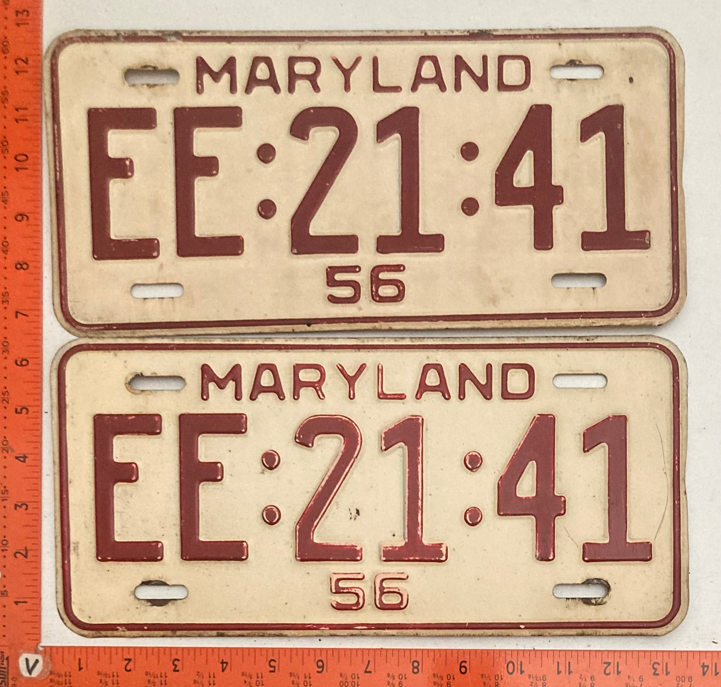 1956 Maryland #EE:21:41 Passenger License Plate (Pair)