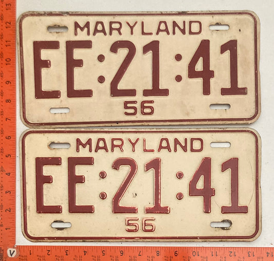 1956 Maryland #EE:21:41 Passenger License Plate (Pair)