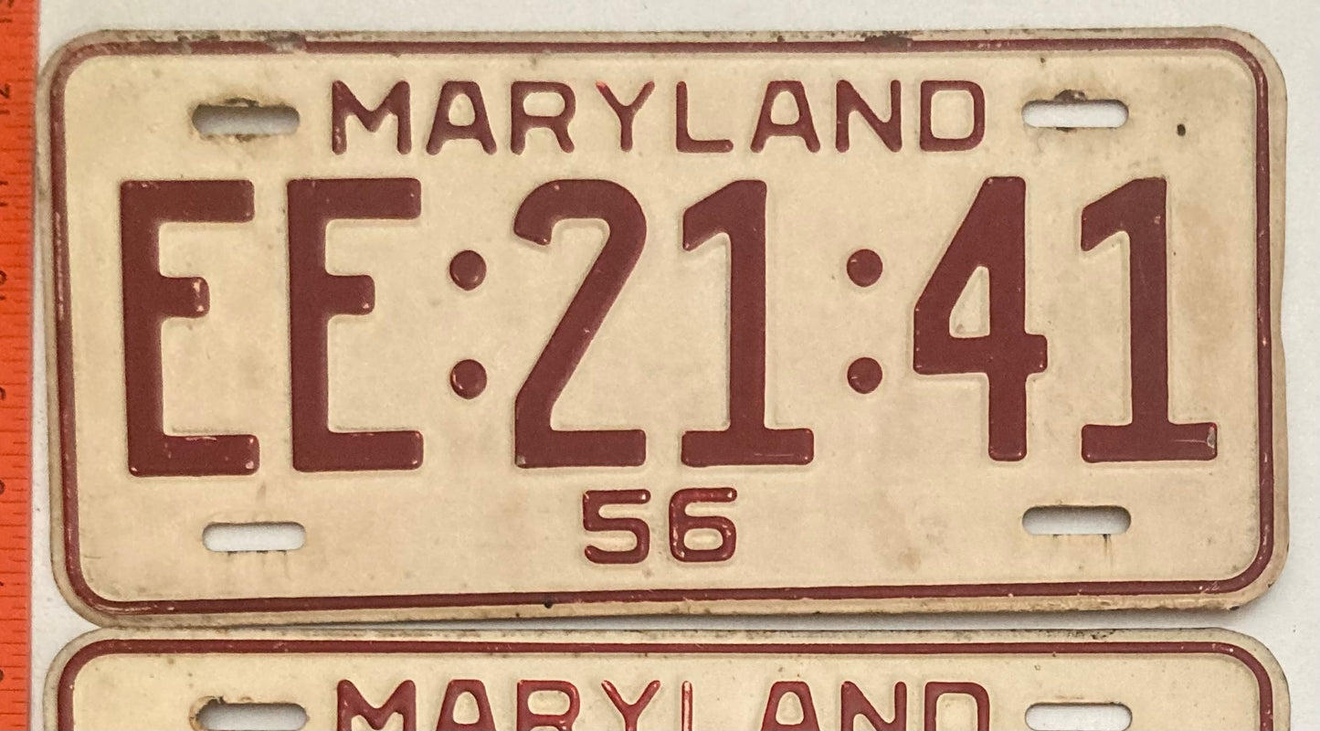 1956 Maryland #EE:21:41 Passenger License Plate (Pair)
