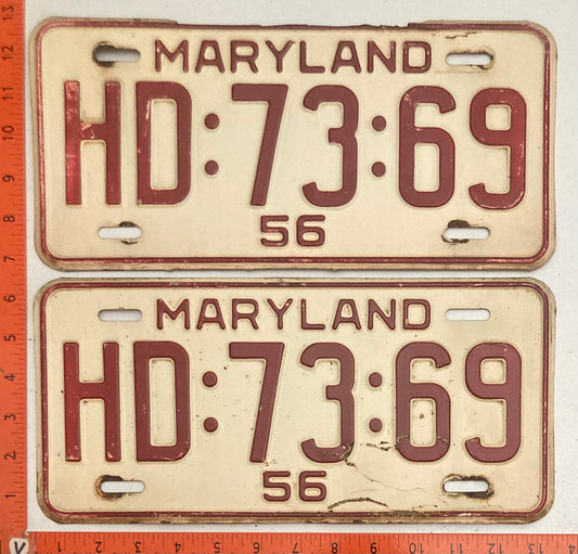 1956 Maryland #HD:73:69 Passenger License Plate (Pair)