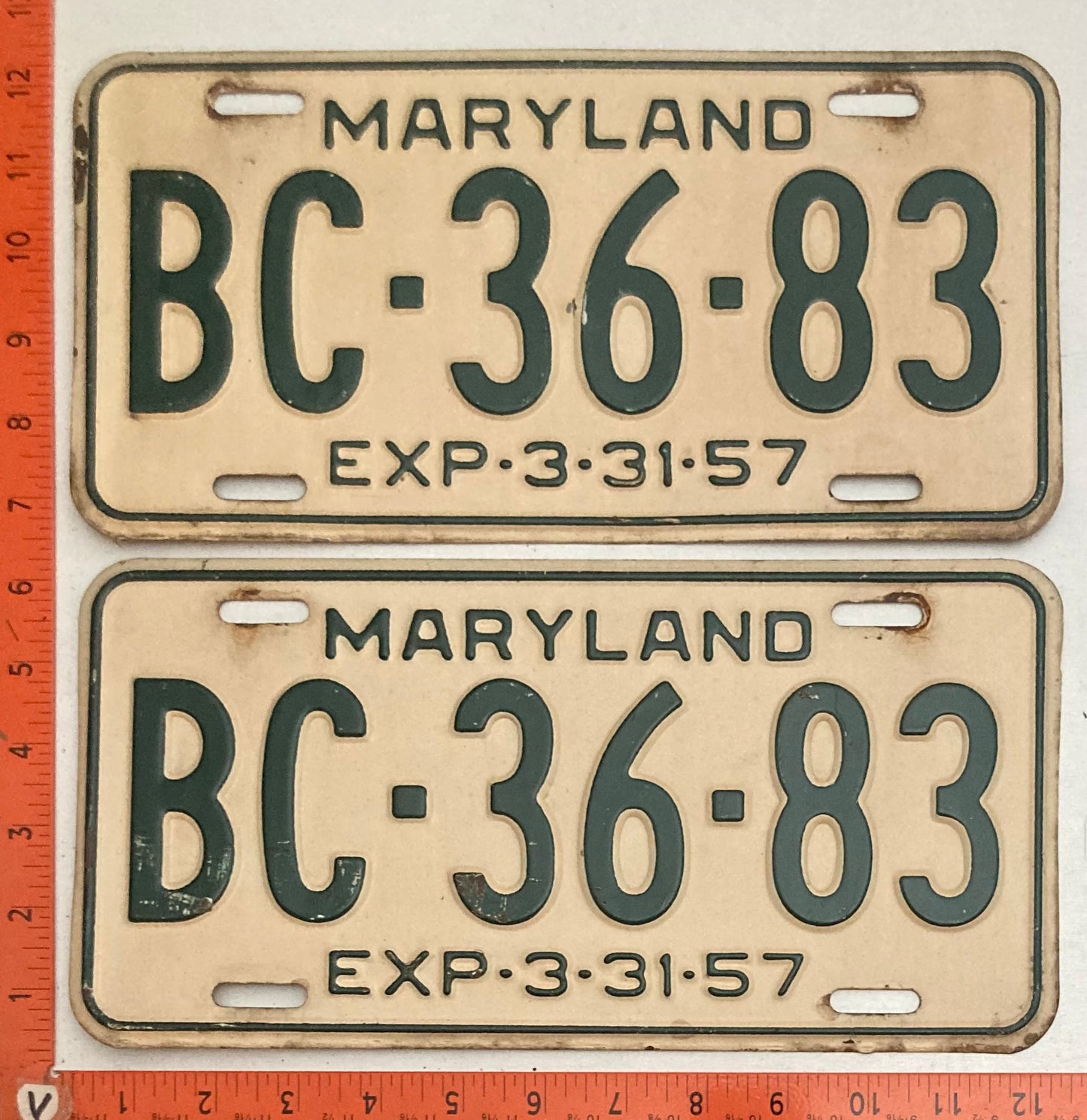 1957 Maryland #BC-36-83 Passenger License Plate PAIR