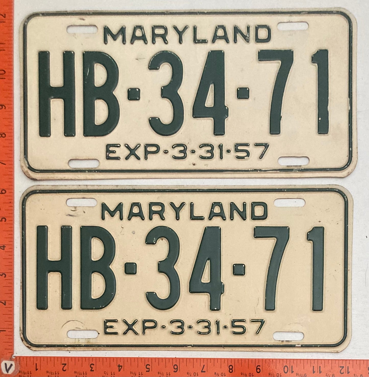 1957 Maryland #HB-34-71 Passenger License Plate PAIR