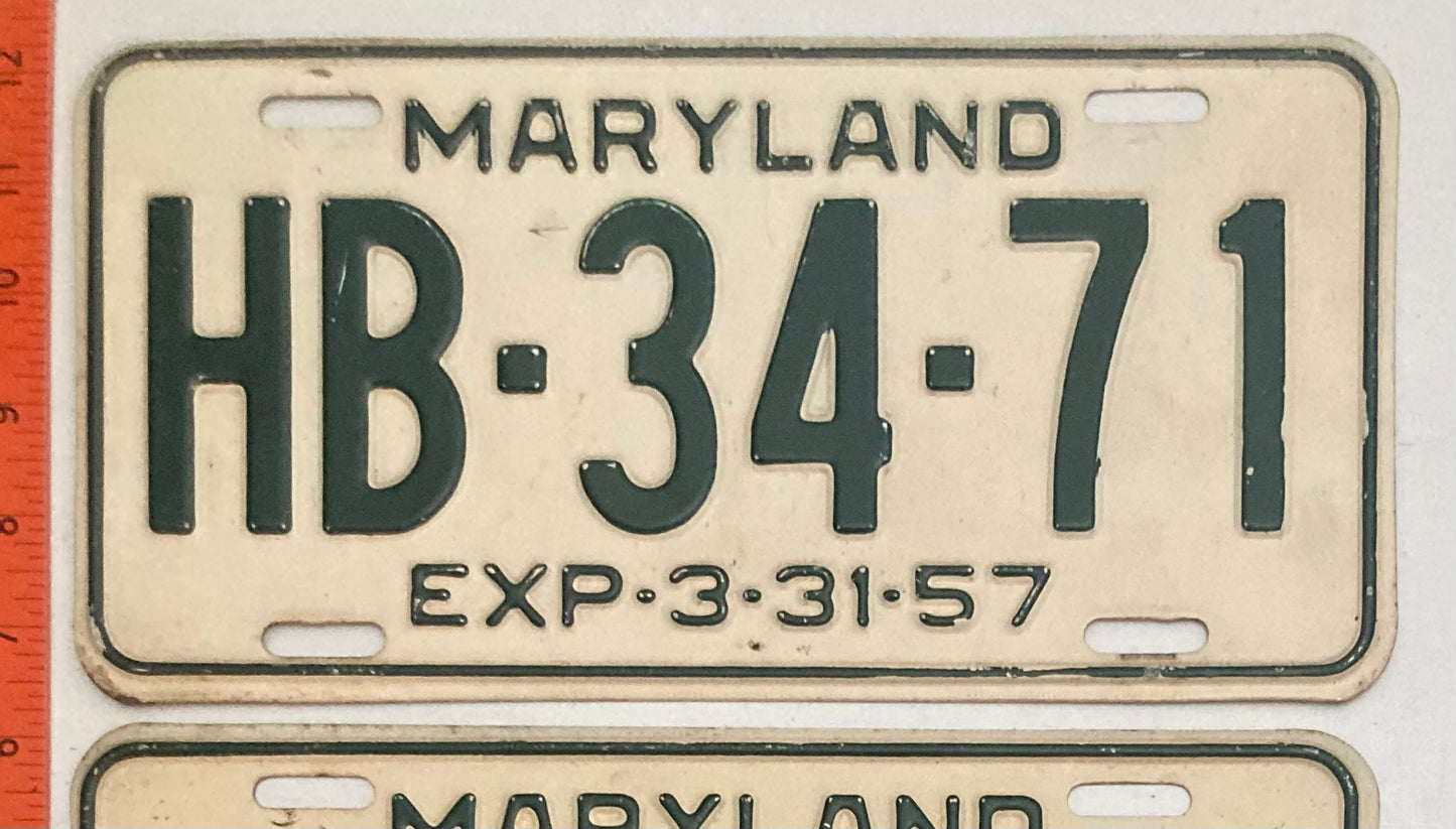 1957 Maryland #HB-34-71 Passenger License Plate PAIR